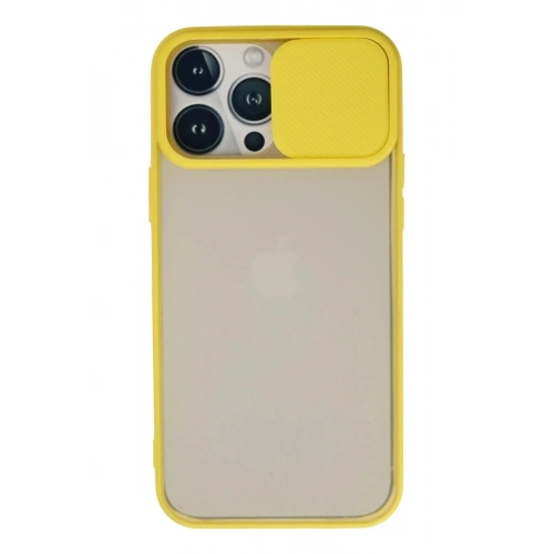 Mey İthalat®  iPhone 13 Pro Max Kılıf Palm Buzlu Kamera Sürgülü Silikon - Sarı