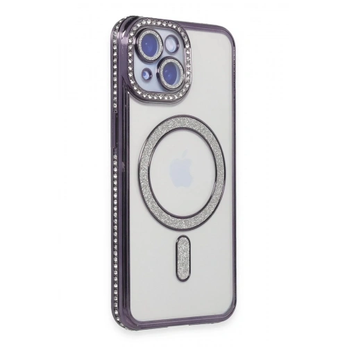 Mey İthalat®  iPhone 14 Kılıf Joke Simli Magneticsafe Kılıf - Derin Mor