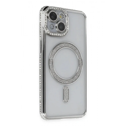 Mey İthalat®  iPhone 14 Kılıf Joke Simli Magneticsafe Kılıf - Gümüş