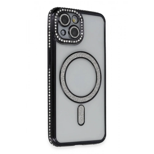 Mey İthalat®  iPhone 14 Kılıf Joke Simli Magneticsafe Kılıf - Siyah