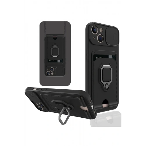 Mey İthalat®  iPhone 14 Plus Kılıf Zuma Kartvizitli Yüzüklü Silikon - Siyah