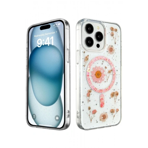 Mey İthalat®  iPhone 14 Pro Kılıf Daisy Simli Magsafe Kapak - Pembe