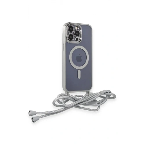 Mey İthalat®  iPhone 14 Pro Kılıf Divo Lazer Askılı Magsafe Kapak - Gümüş