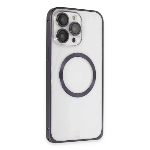 Mey İthalat®  iPhone 14 Pro Kılıf Metal Bumper Magneticsafe Kapak - Derin Mor