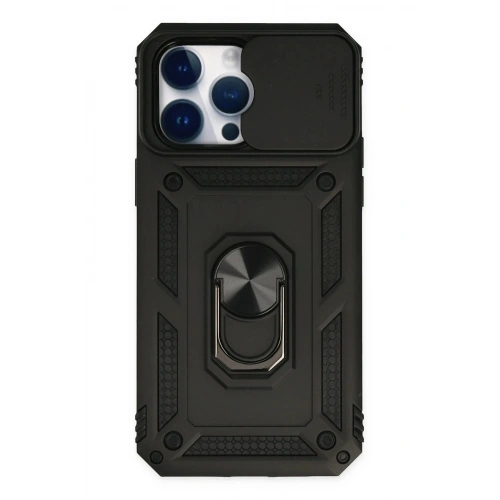 Mey İthalat®  iPhone 14 Pro Kılıf Pars Lens Yüzüklü Silikon - Siyah