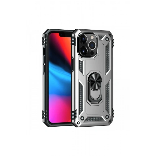 Mey İthalat®  iPhone 14 Pro Kılıf Sofya Yüzüklü Silikon Kapak - Gümüş