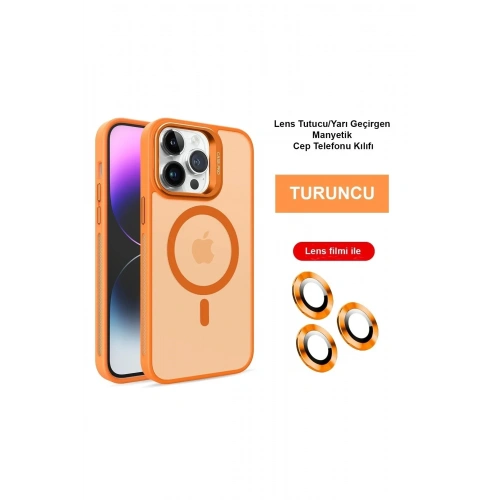 Mey İthalat®  iPhone 14 Pro Max Kılıf Flet Lens Magsafe Kapak - Turuncu