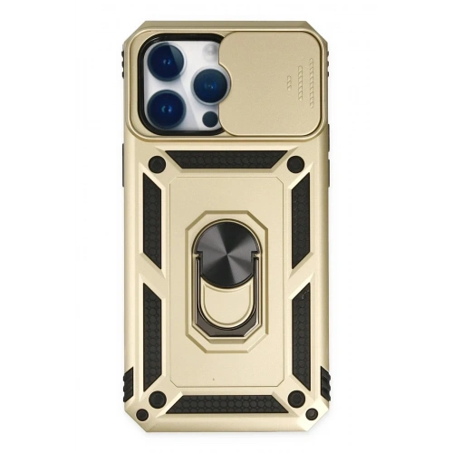 Mey İthalat®  iPhone 14 Pro Max Kılıf Pars Lens Yüzüklü Silikon - Gold