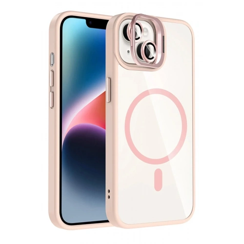 Mey İthalat®   iPhone 14 Remim Lensli Magsafe Standlı Kapak - Pembe