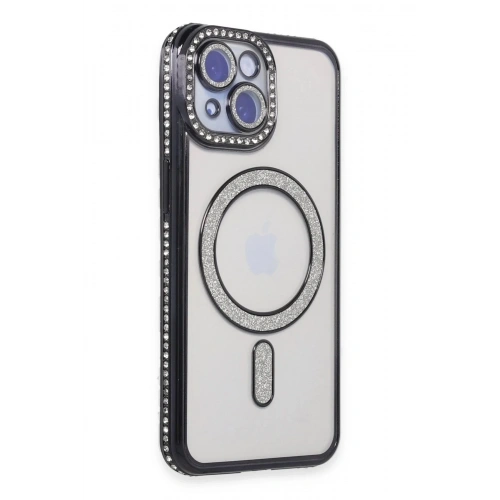 Mey İthalat®  iPhone 15 Kılıf Joke Simli Magneticsafe Kılıf - Siyah