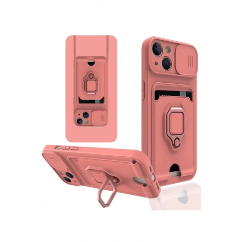 Mey İthalat®  iPhone 15 Kılıf Zuma Kartvizitli Yüzüklü Silikon - Pembe