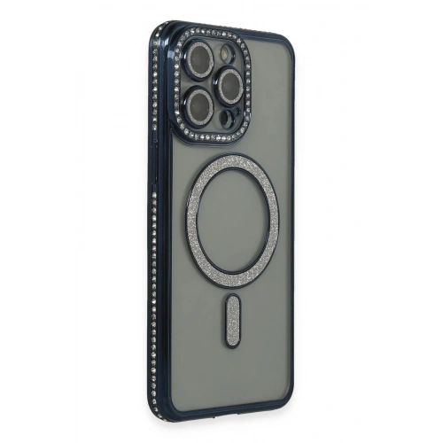 Mey İthalat®  iPhone 15 Pro Kılıf Joke Simli Magneticsafe Kılıf - Lacivert