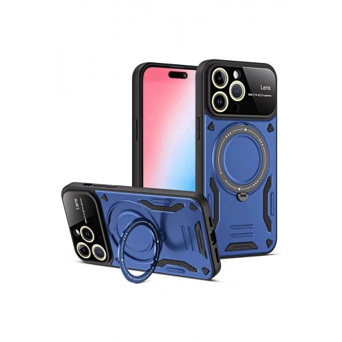 Mey İthalat®  iPhone 15 Pro Max Joy Lens Standlı Kapak - Lacivert