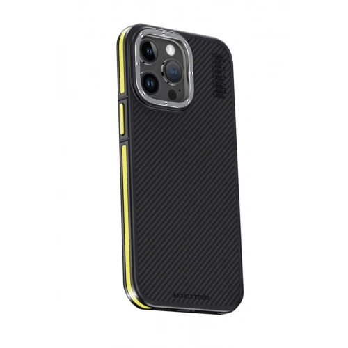 Mey İthalat®  iPhone 15 Pro Max Kılıf Aramid 600D Kevlar Karbon Fiber Magsafe Kapak - Sarı