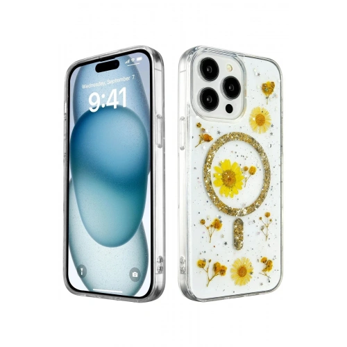 Mey İthalat®  iPhone 15 Pro Max Kılıf Daisy Simli Magsafe Kapak - Gold