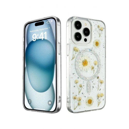 Mey İthalat®  iPhone 15 Pro Max Kılıf Daisy Simli Magsafe Kapak - Gümüş