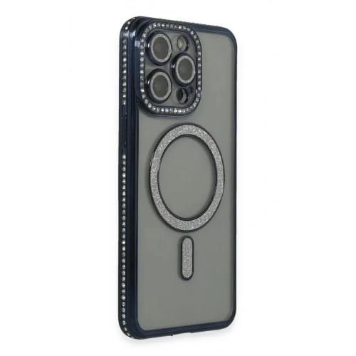 Mey İthalat®  iPhone 15 Pro Max Kılıf Joke Simli Magneticsafe Kılıf - Lacivert