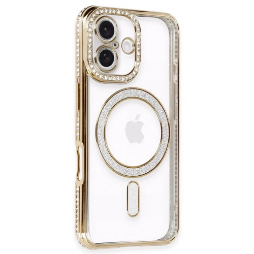 Mey İthalat®  iPhone 16 Kılıf Joke Simli Magneticsafe Kılıf - Gold