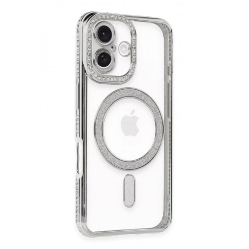 Mey İthalat®  iPhone 16 Kılıf Joke Simli Magneticsafe Kılıf - Gümüş
