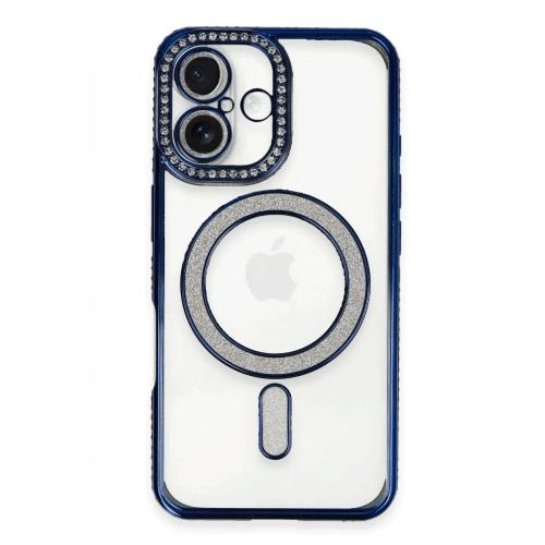 Mey İthalat®  iPhone 16 Kılıf Joke Simli Magneticsafe Kılıf - Lacivert