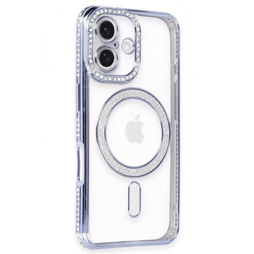 Mey İthalat®  iPhone 16 Kılıf Joke Simli Magneticsafe Kılıf - Mavi