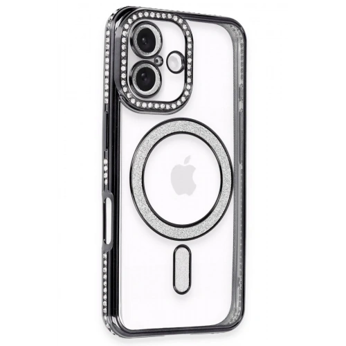 Mey İthalat®  iPhone 16 Kılıf Joke Simli Magneticsafe Kılıf - Siyah