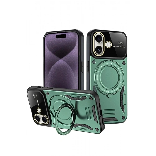 Mey İthalat®  iPhone 16 Kılıf Joy Lens Standlı Kapak - Koyu Yeşil