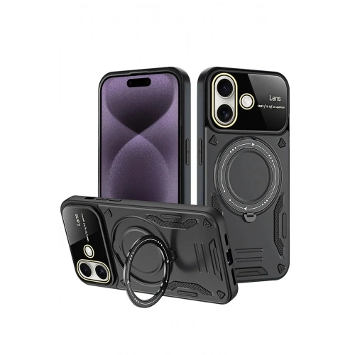 Mey İthalat®  iPhone 16 Kılıf Joy Lens Standlı Kapak - Siyah