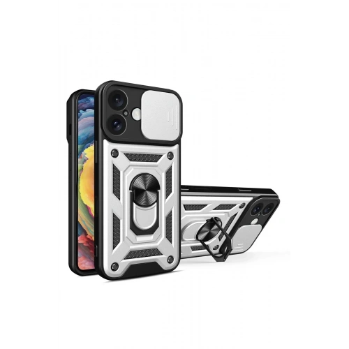 Mey İthalat®  iPhone 16 Kılıf Pars Lens Yüzüklü Silikon - Gümüş
