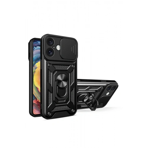 Mey İthalat®  iPhone 16 Kılıf Pars Lens Yüzüklü Silikon - Siyah