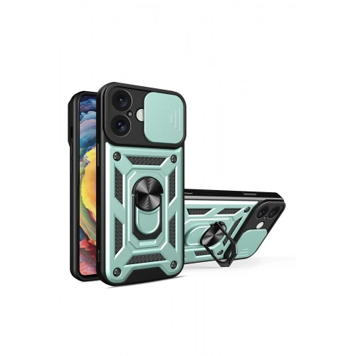 Mey İthalat®  iPhone 16 Kılıf Pars Lens Yüzüklü Silikon - Yeşil