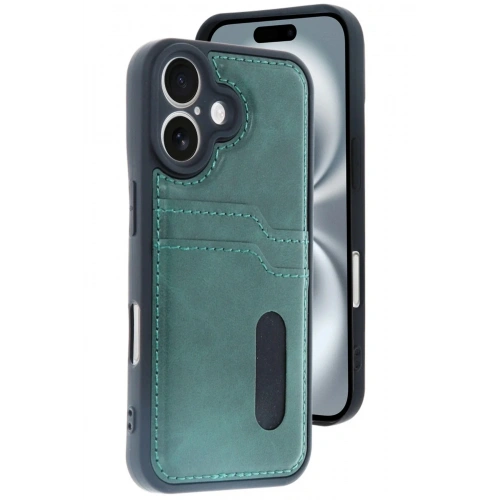 Mey İthalat®  iPhone 16 Kılıf Sara Kartvizitli Deri Kılıf - Koyu Yeşil
