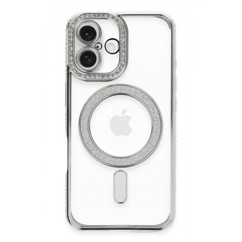 Mey İthalat®  iPhone 16 Plus Kılıf Joke Simli Magneticsafe Kılıf - Gümüş