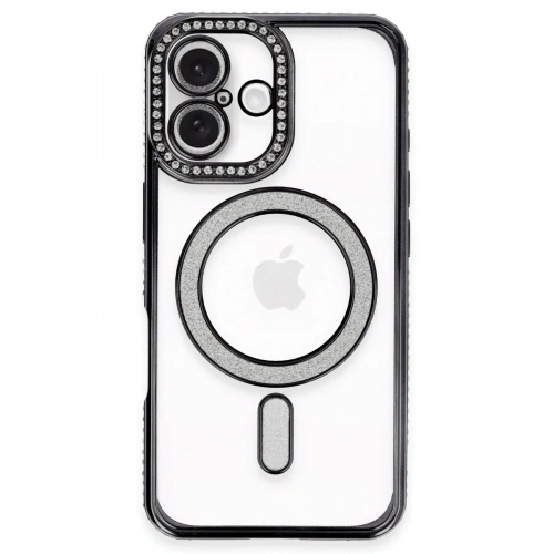 Mey İthalat®  iPhone 16 Plus Kılıf Joke Simli Magneticsafe Kılıf - Siyah