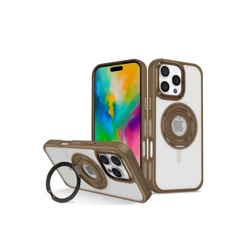Mey İthalat®  iPhone 16 Pro Banza Magsafe Standlı Kapak - Kahverengi