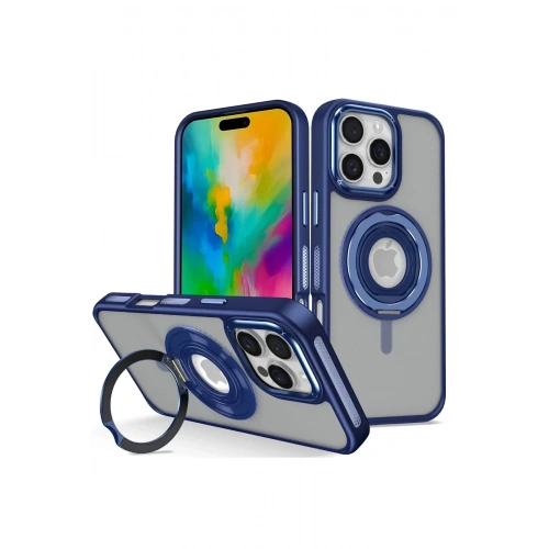 Mey İthalat®  iPhone 16 Pro Banza Magsafe Standlı Kapak - Lacivert