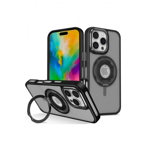 Mey İthalat®  iPhone 16 Pro Banza Magsafe Standlı Kapak - Siyah