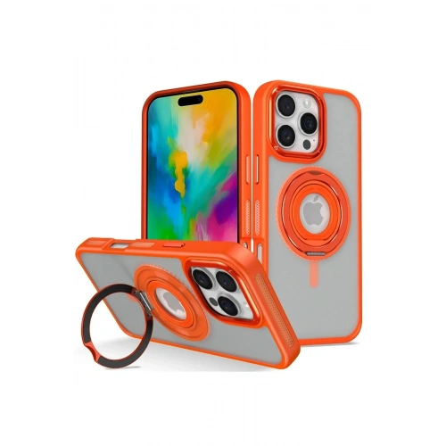 Mey İthalat®  iPhone 16 Pro Banza Magsafe Standlı Kapak - Turuncu