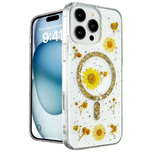 Mey İthalat®  iPhone 16 Pro Kılıf Daisy Simli Magsafe Kapak - Gold