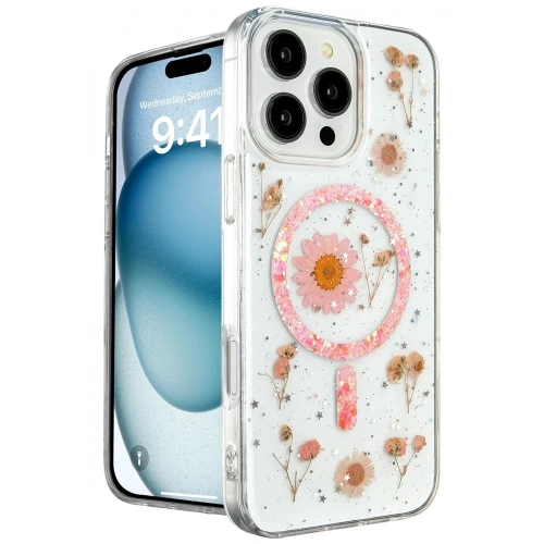 Mey İthalat®  iPhone 16 Pro Kılıf Daisy Simli Magsafe Kapak - Pembe