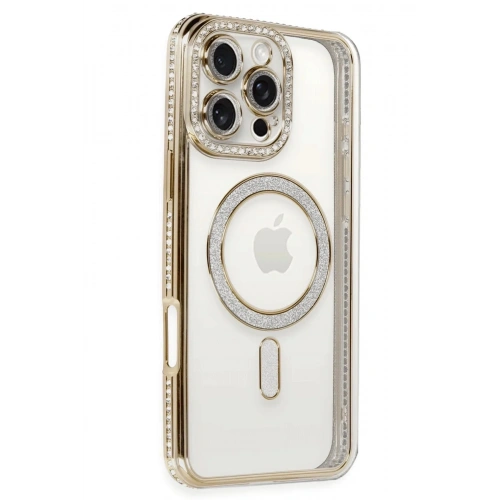 Mey İthalat®  iPhone 16 Pro Kılıf Joke Simli Magneticsafe Kılıf - Gold