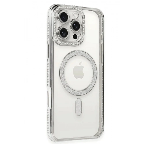 Mey İthalat®  iPhone 16 Pro Kılıf Joke Simli Magneticsafe Kılıf - Gümüş