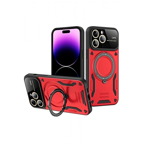Mey İthalat®  iPhone 16 Pro Kılıf Joy Lens Standlı Kapak - Kırmızı