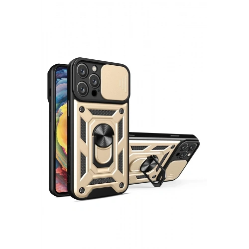 Mey İthalat®  iPhone 16 Pro Kılıf Pars Lens Yüzüklü Silikon - Gold