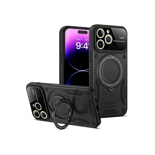 Mey İthalat®  iPhone 16 Pro Max Kılıf Joy Lens Standlı Kapak - Siyah