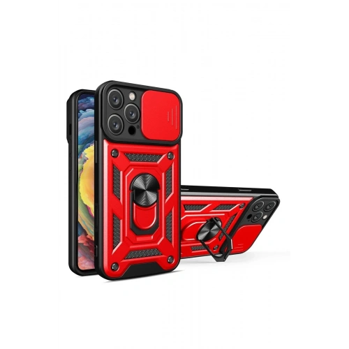 Mey İthalat®  iPhone 16 Pro Max Kılıf Pars Lens Yüzüklü Silikon - Kırmızı