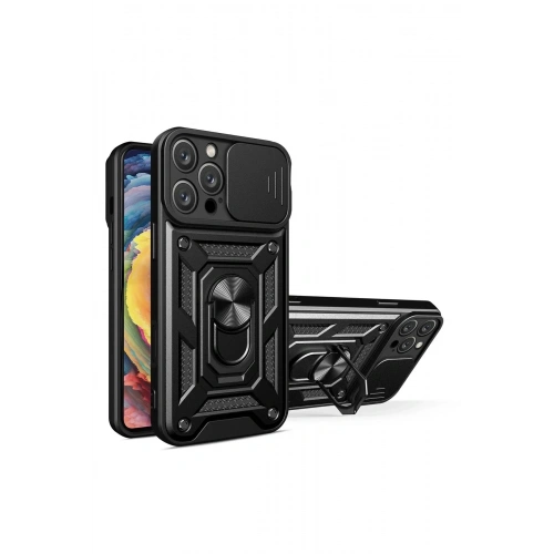 Mey İthalat®  iPhone 16 Pro Max Kılıf Pars Lens Yüzüklü Silikon - Siyah