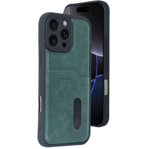 Mey İthalat®  iPhone 16 Pro Max Kılıf Sara Kartvizitli Deri Kılıf - Koyu Yeşil