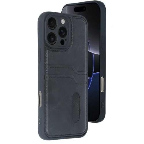 Mey İthalat®  iPhone 16 Pro Max Kılıf Sara Kartvizitli Deri Kılıf - Siyah