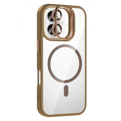 Mey İthalat®   iPhone 16 Remim Lensli Magsafe Standlı Kapak - Kahverengi